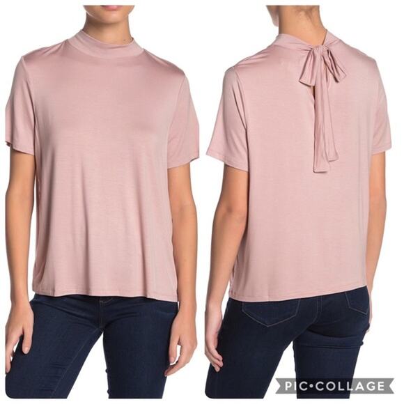 14th & Union Tops - 14th & Union Mock Neck Tie Back T-Shirt Top Blush Medium